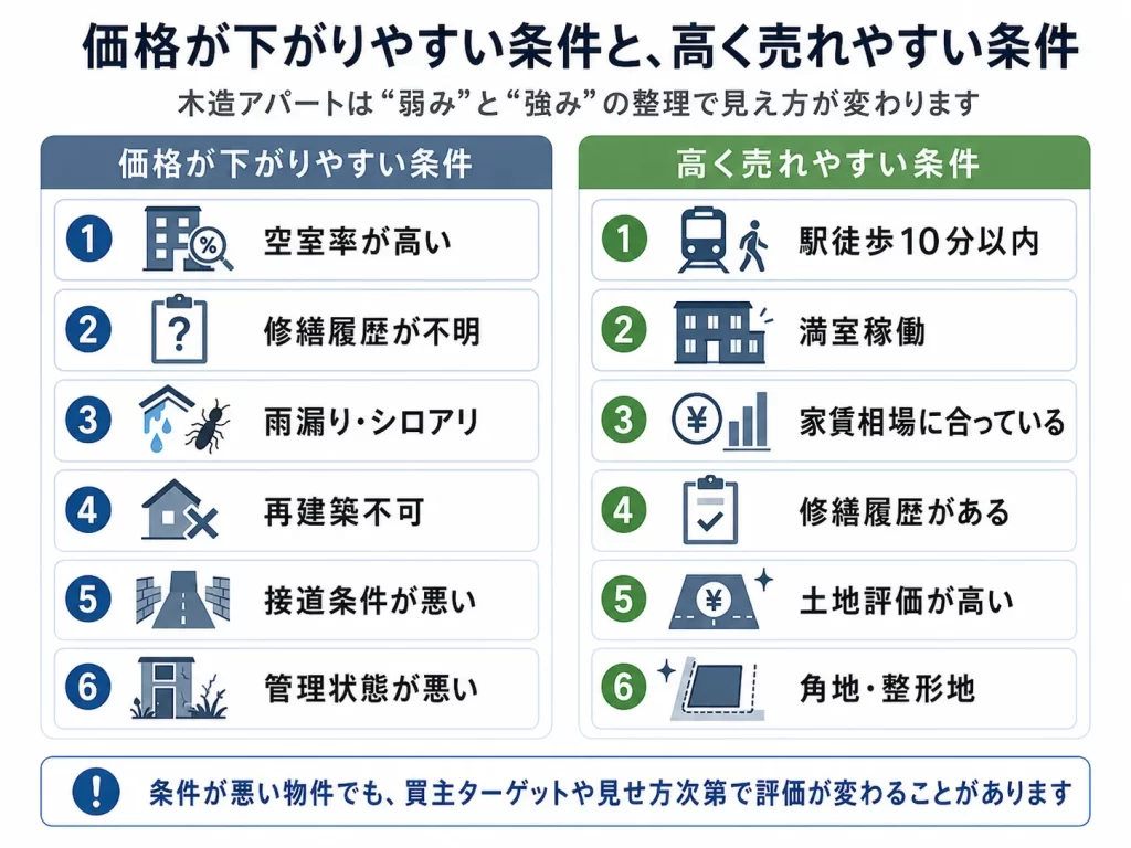木造アパート売却で高く売れる要素、安くなる要素